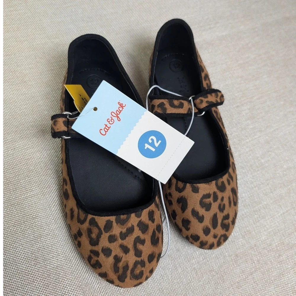Cat & Jack Mary Jane Flats Kids Size 12 Brown NWT Leopard Print Memory Foam